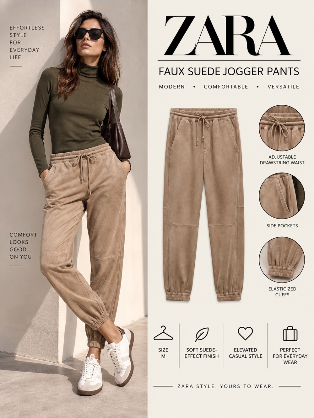 ZARA Taupe Faux Suede Jogger Pants NWT Size M